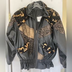 80s Patchwork Leather Jacket Black Oversized Women Size Medium Mixed Patterns